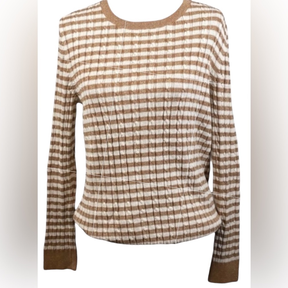 NWT Talbots Gold Metallic Cream Striped Ribbed Crewneck Sweater Holiday Size XL - Picture 2 of 15